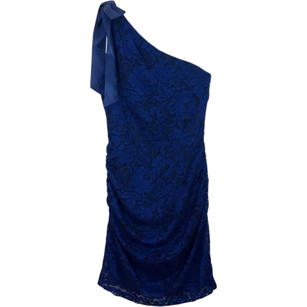 Sam Edelman One Shoulder Dress Womens 8 Blue Lace Ruched Cocktail Bow Mini Party